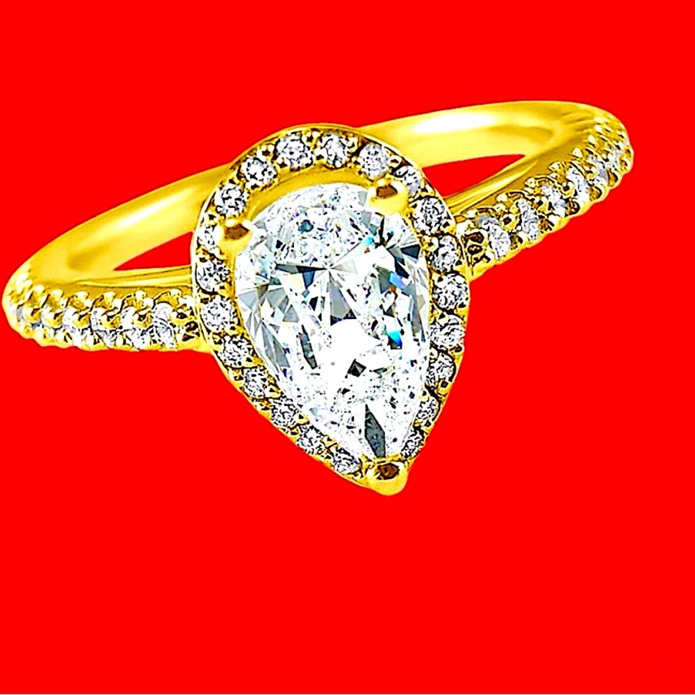New Teardrop Cut .925 Sterling Silver Gold Plated Ring with CZ stones - Picture 2 of 6